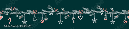 Cute hand drawn horizontal seamless pattern with fir branches and hanging decoration, great for christmas banners, wallpapers, wrapping, textiles - vector design