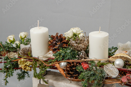 Christmas composition of flowers and Christmas decorations