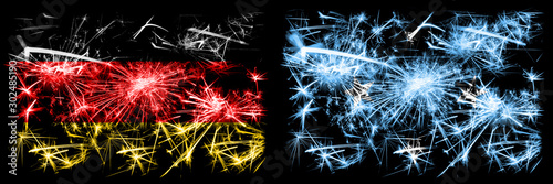 Germany, German vs Micronesia, Micronesian New Year celebration travel sparkling fireworks flags concept background. Combination of two abstract states flags. © Vlad
