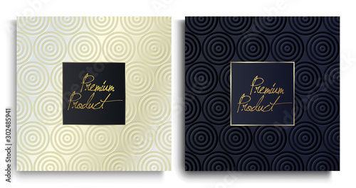 Luxury Premium design. Vector set packaging templates with different texture for luxury products. Collection of design elements with golden foil. 	 Black paper cut background. VIP design