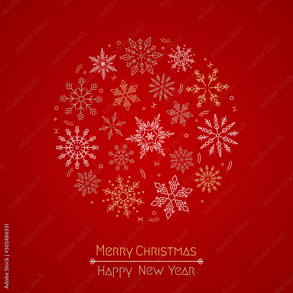 Merry Christmas and New Year quote with Christmas snowflakes wreath in a circle on a red background. Merry Christmas and New Year quote with Christmas snowflakes wreath in a circle on a red background.