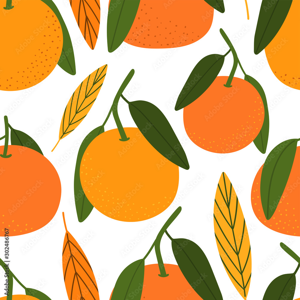 Citrus hand drawn seamless pattern for print, textile, fabric. Modern hand drawn stylized mandarins background.