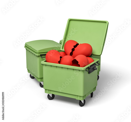 3d rendering of two green trash cans, front can open and full of broken valentine hearts.