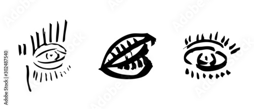 The Three Eyes. Ink, paintbrush hand vector drawing, doodle, grunge illustration. Stylized quick study of human eye, various angles. Woodcut, lino cut retro vintage style sketch for tattoo, stickers.