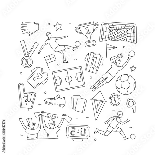 Soccer football player game match fans outline icons set