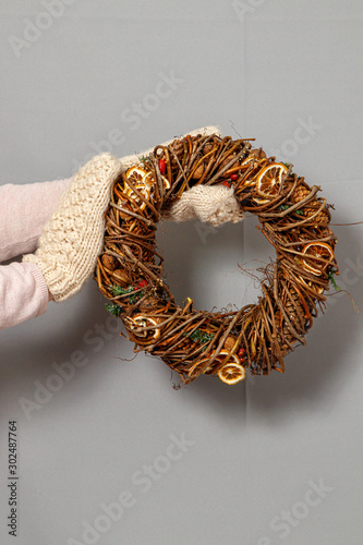 Christmas composition. Wreath of Christmas tree branches