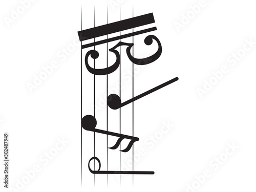 Isolated vertical musical pentagram with musical notes - Vector illustration