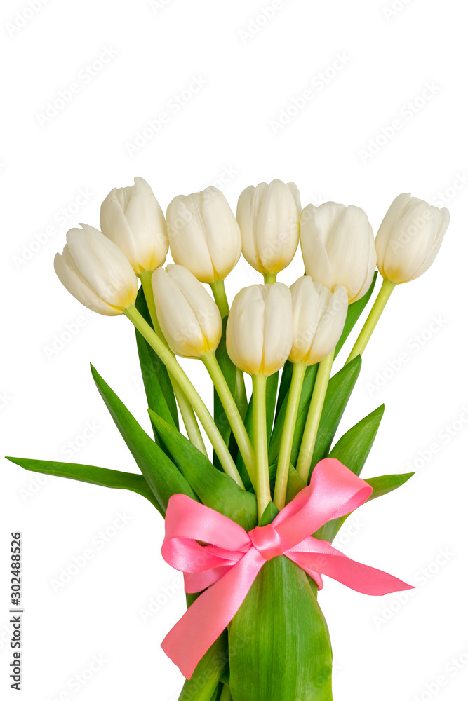 Obraz premium Bouquet of white tulips on a white background. Flowers on a white background.