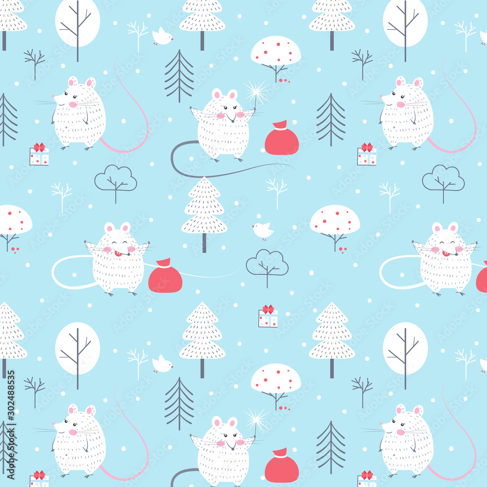 Christmas, seamless pattern, mice in forest