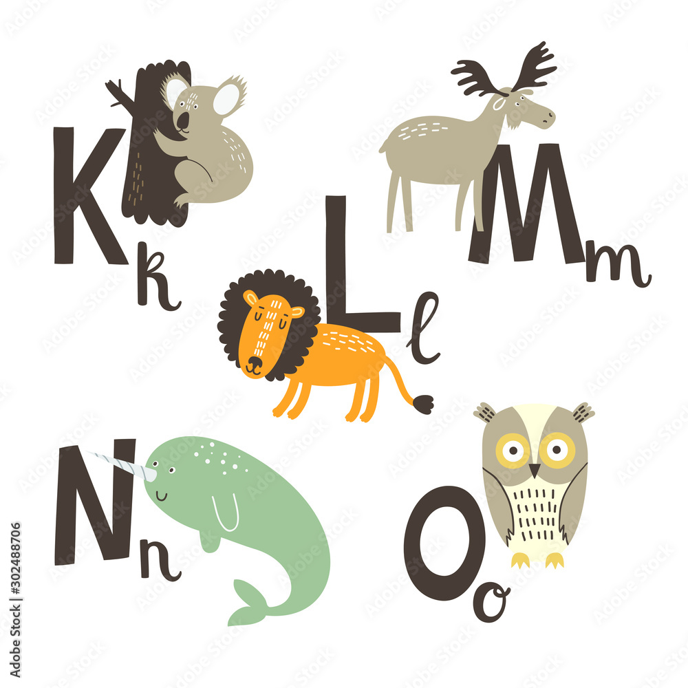 Fototapeta premium Cute zoo alphabet in vector. K, l, m, n, o letters. Funny animals. Koala, lion, Moose, narwhal and owl.