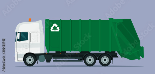 Garbage truck isolated. Vector flat style illustration.