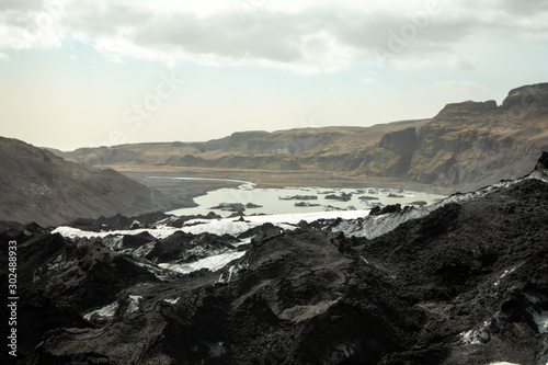 View from the ash covered Solheimajokull glacier toward the fjord