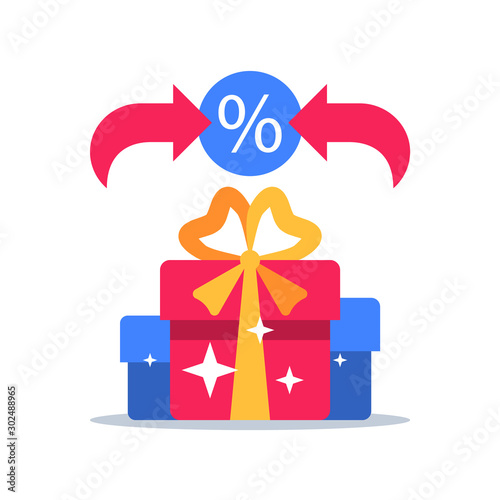 Special reward, prize giveaway, loyalty present, percentage sign, incentive or perks, bonus program