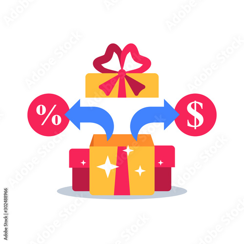 Special reward, prize giveaway, loyalty present, percentage sign, incentive or perks, bonus program