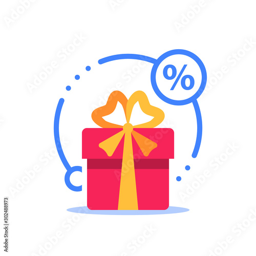 Special reward, prize giveaway, loyalty present, percentage sign, incentive or perks, bonus program