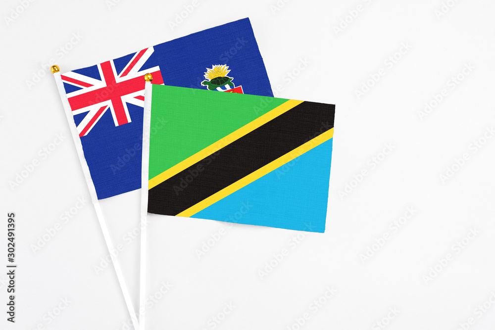 Tanzania and Cayman Islands stick flags on white background. High quality fabric, miniature national flag. Peaceful global concept.White floor for copy space.