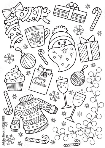Doodle coloring book page New Year pattern. Antistress for adult