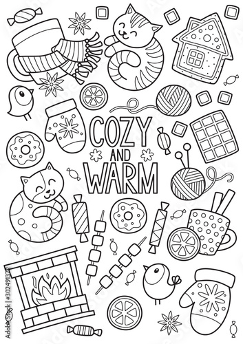 Doodle coloring book page winter mood pattern. Antistress for adult