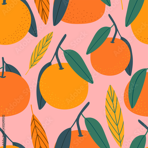 Citrus hand drawn seamless pattern for print  textile  fabric. Modern hand drawn stylized mandarins background.