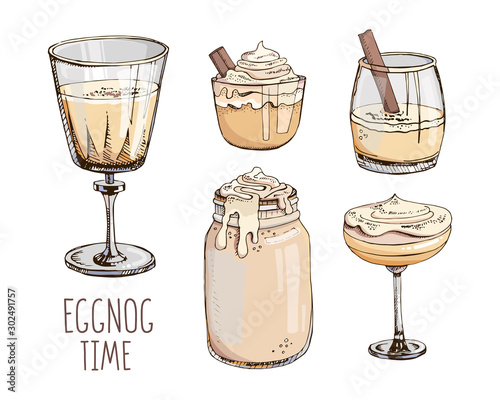 Set of hand drawn vector images in pastel colors isolated on white. Eggnog. Traditional Christmas drinks, beverages, cocktails. Clip art. Design of cocktails for menu decoration. New Year mood board