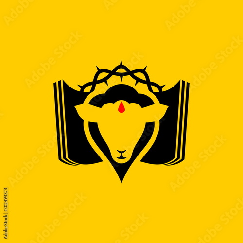 Christian symbols. Bible, sacrificial lamb and crown of thorns.
