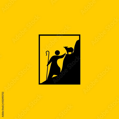 Christian symbols. A shepherd with a staff rescues a lost sheep.