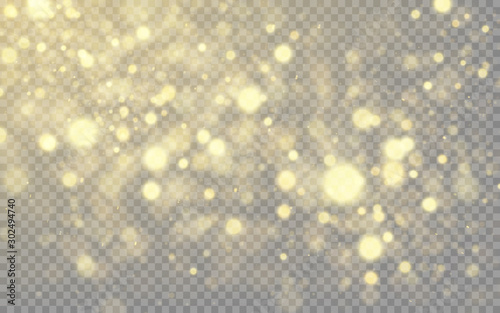 Gold bokeh, glowing light effect on transparent background 