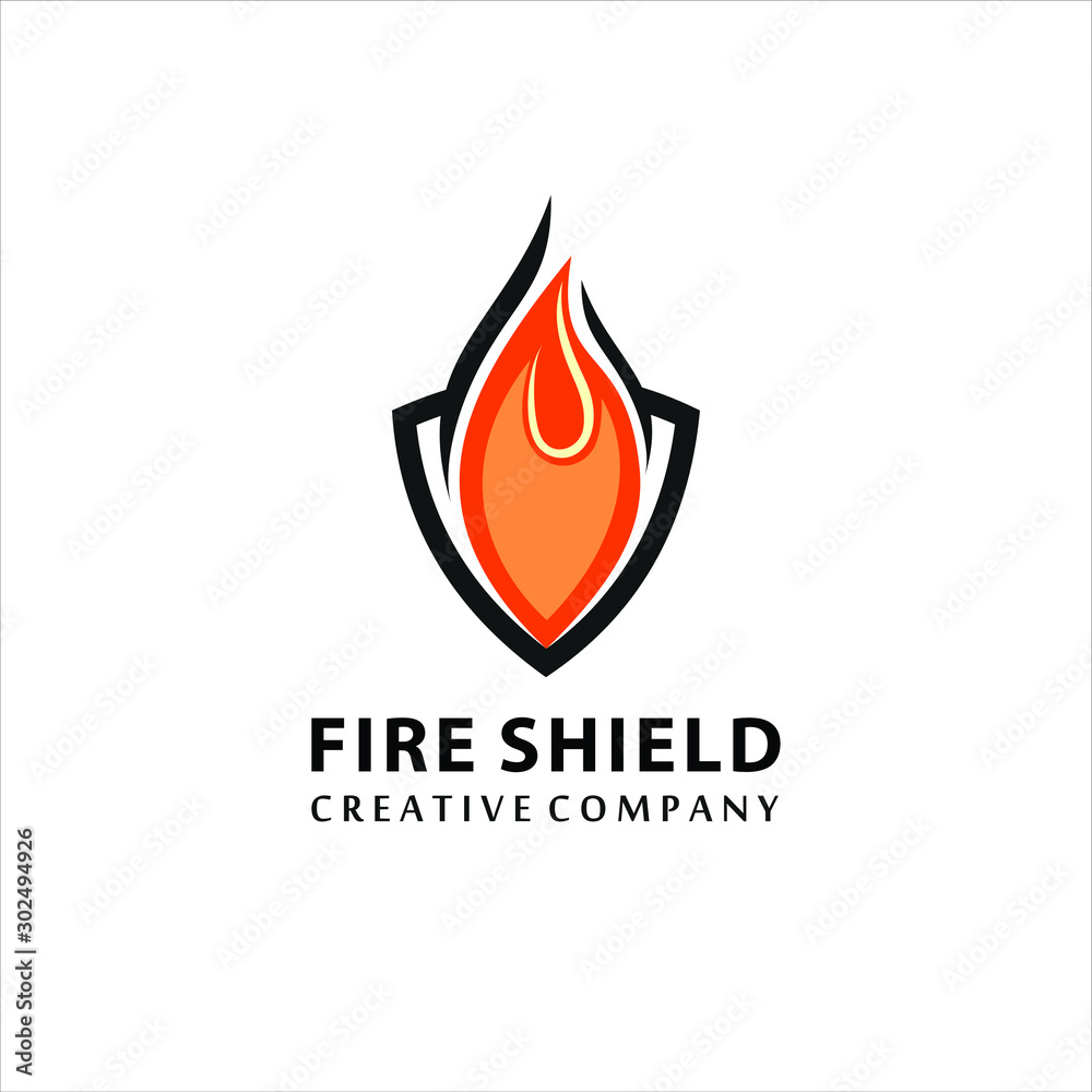 Fire shield logo design element. Fire warning sign shield. Fire flame vector illustration on white background, logo design inspiration Fire shield logo design element. Fire warning sign shield. Fire flame vector illustration on white background, logo design inspiration