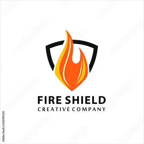 Fire shield logo design element. Fire warning sign shield. Fire flame vector illustration on white background, logo design inspiration