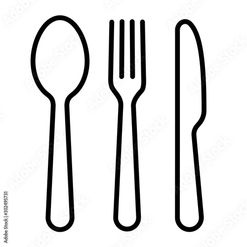 Line icon set of fork spoon and knife. Black vector cutlery icons on white background - stock vector.