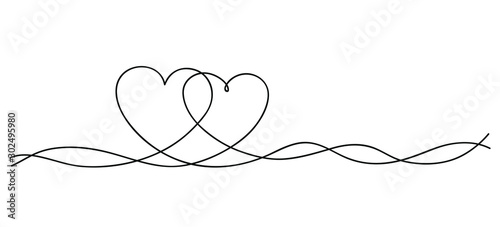 Hearts. Continuous line art drawing. Friendship concept. Best friend forever. Black and white vector illustration.