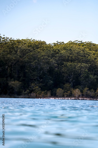 Forest in the distance viewed from the crystal clear water of Lake McKenzie on Fraser Island, Australia photo