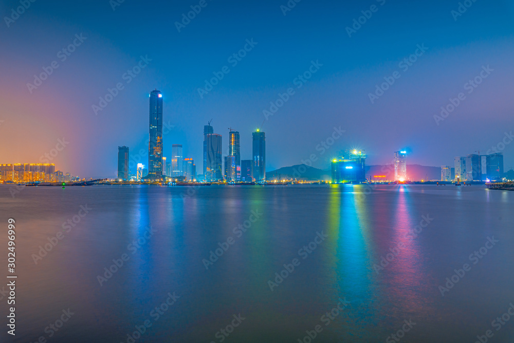 Night view of the financial base and center building in Zhuhai, Guangdong Province, China