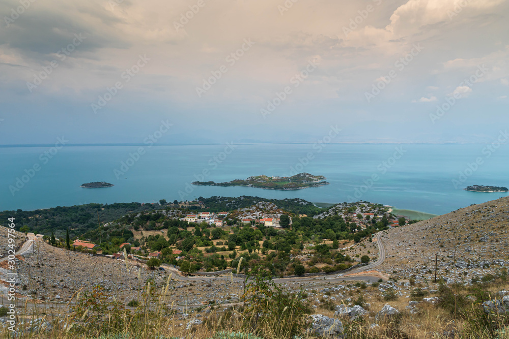 Murichi. General view from the mountain. Views of Skadar lake and female Beska monastery on the island. Montenegro.