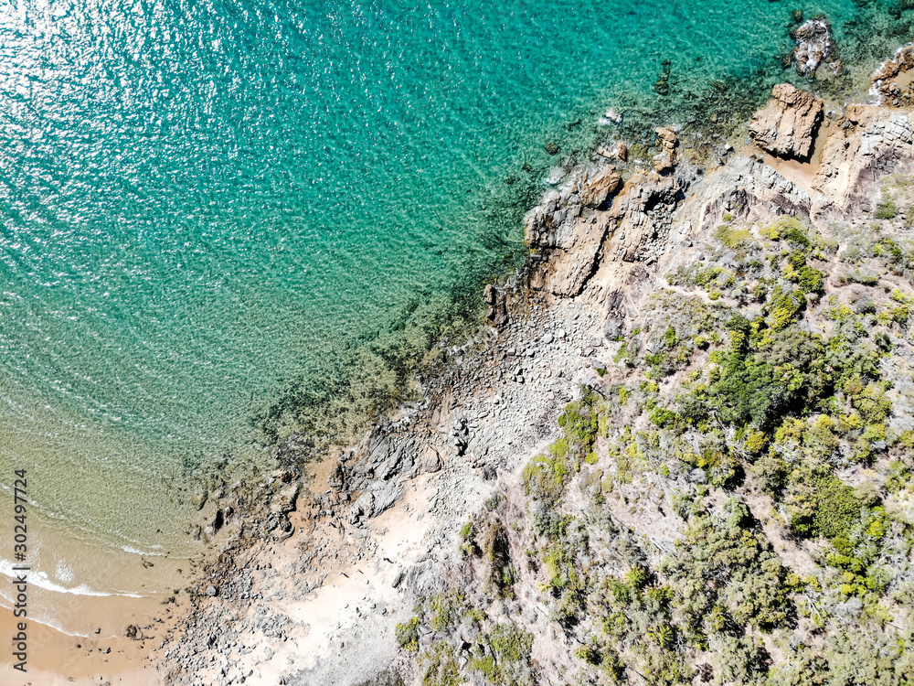 Aerial view of rocks and sea at Agnes Water Main Beach