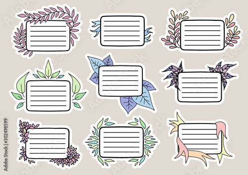 Set of Cute Hand drawn Doodle Banners and Ribbons isolated on white background for your Design. Bullet journal Ideas. Girly Stuff. Sticky Notes.