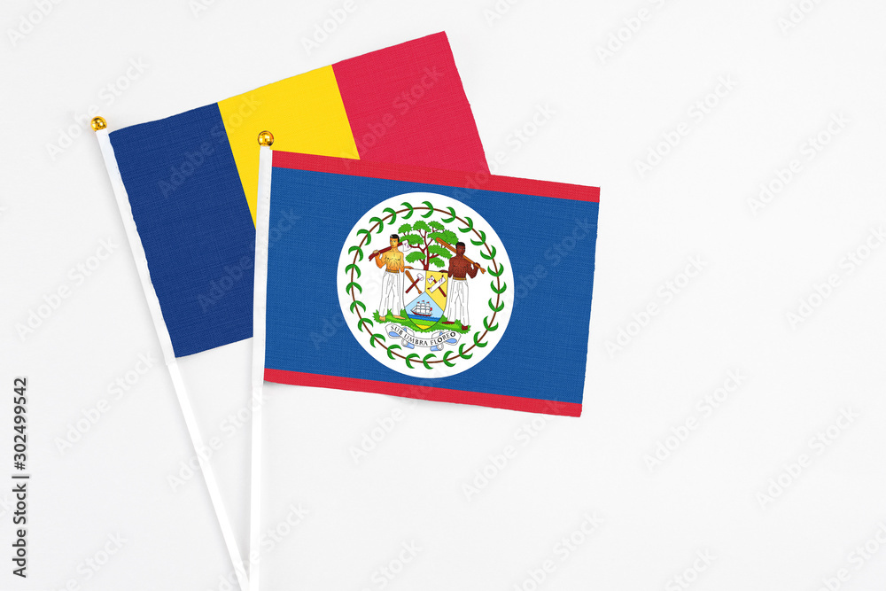 Belize and Chad stick flags on white background. High quality fabric, miniature national flag. Peaceful global concept.White floor for copy space.