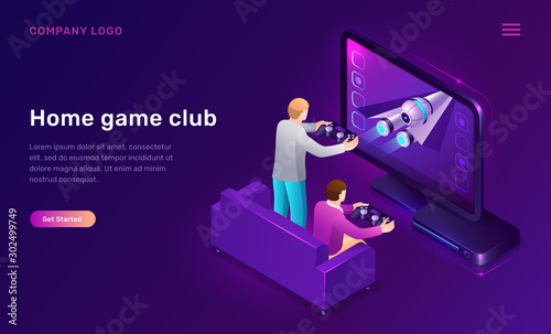 Home game club isometric concept vector illustration. 3D icon console, station for video games and two men players with joysticks in their hands, leisure home interior isolated on purple web banner.