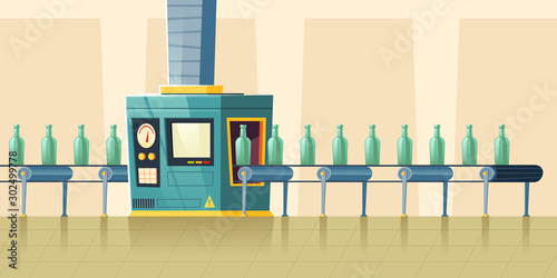 Glass bottles on conveyor belt, cartoon vector illustration. Factory room or plant interior with moving production line and glass packaging on it, manufacture background