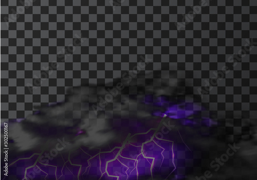 Thunderstorm cloud with lightning weather meteo icon realistic vector illustration. Realistic element for weather forecast, black cloud with glowing purple charge isolated on transparent background