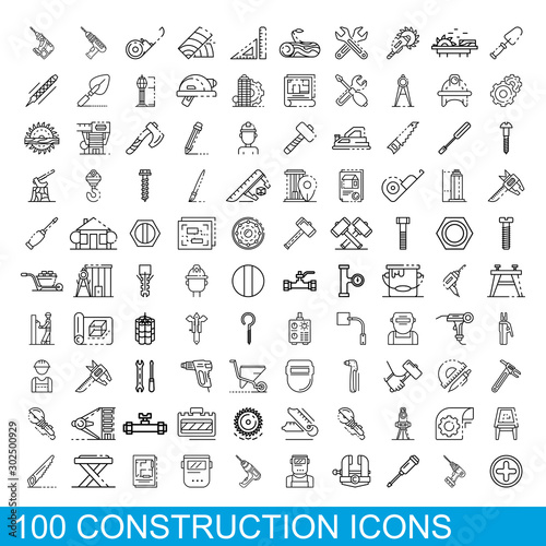 100 construction icons set. Outline illustration of 100 construction icons vector set isolated on white background