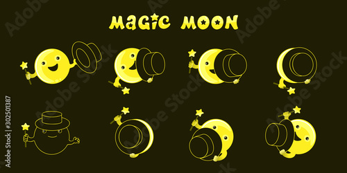 Moon phases, kawaii moon and magic show with magic hat. Cute comic with a waning moon and a waning moon. Vector illustration on a black background.
