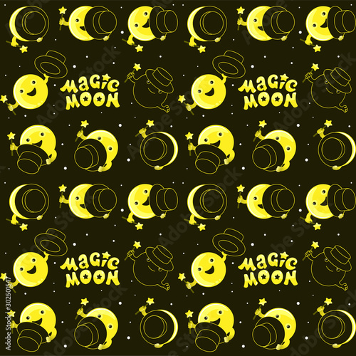 Moon phases, kawaii moon and magic show with magic hat. Cute comic with a waning moon and a waning moon. Seamless moon pattern on black background