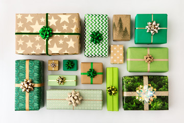 Collection of Christmas presents, overhead view