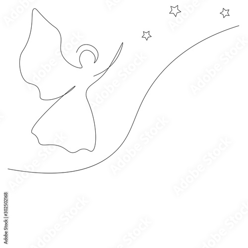 Christmas background with angel continuous line drawing, vector illustration