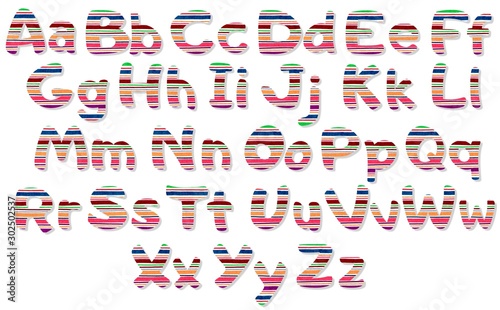 Funny set of letters of the English alphabet, in multi-colored stripes. Isolated on a white background. Marker hand illustration. Set of elements for creativity.