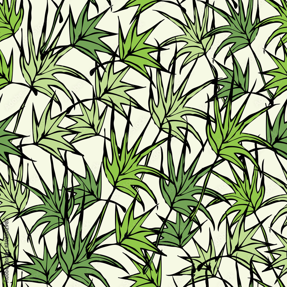 Seamless pattern of drawn green leaves