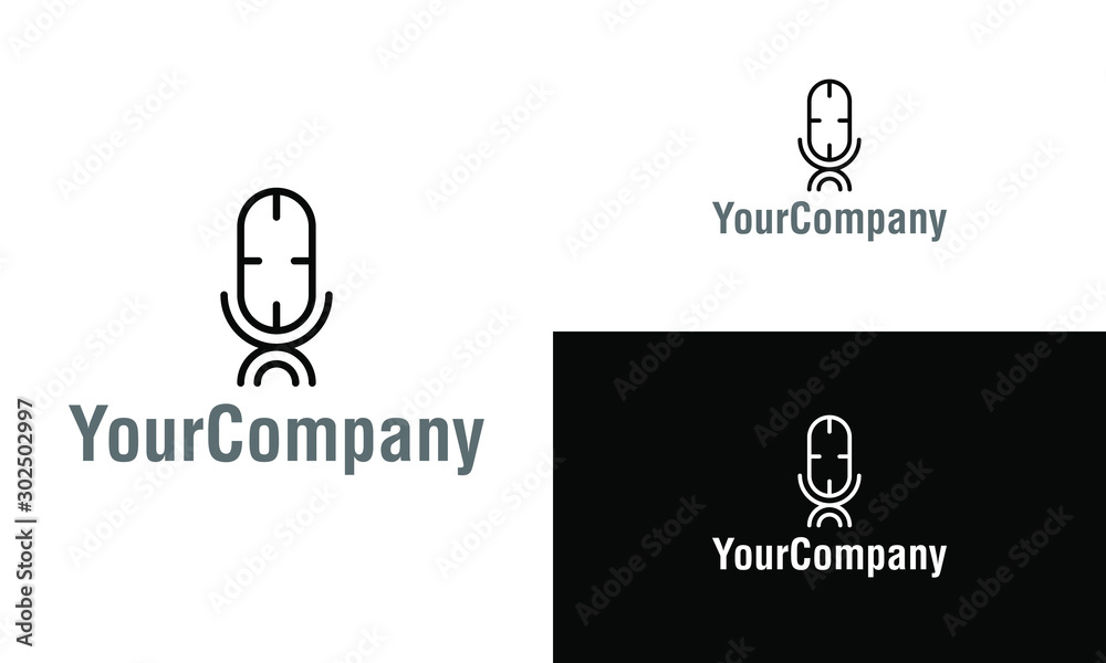 Linear microphone logo template design. Creative vector emblem, for icon or design concept.Minimalist Linear microphone logo template design.