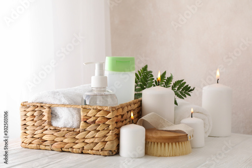 Composition with spa accessories on white background. Bodycare