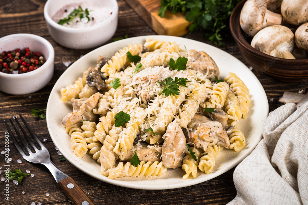 Pasta with Chicken and mushrooms In cream sauce. Pasta with Chicken and mushrooms In cream sauce.